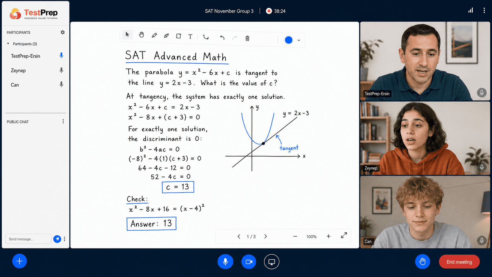 Live SAT lesson screen: the tutor works through an Advanced Math problem on the shared whiteboard with two students in class.