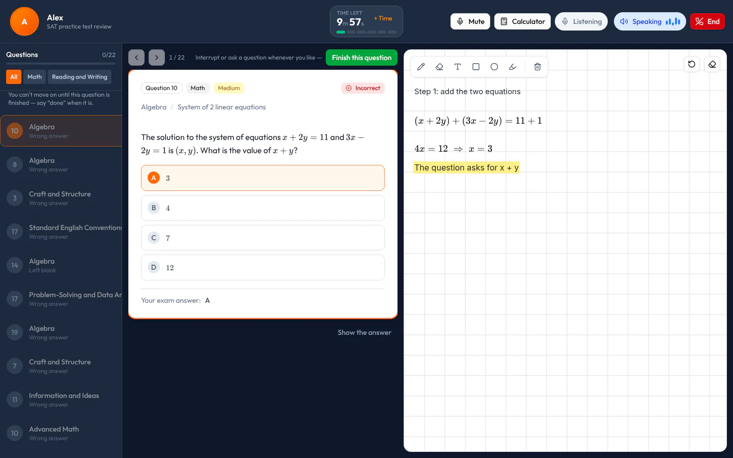 AI Tutor lesson screen: the wrong and blank questions on the left, an SAT Math question (x + y for the system x + 2y = 11 and 3x − 2y = 1) in the middle, and the tutor's steps written one under another on the board on the right.
